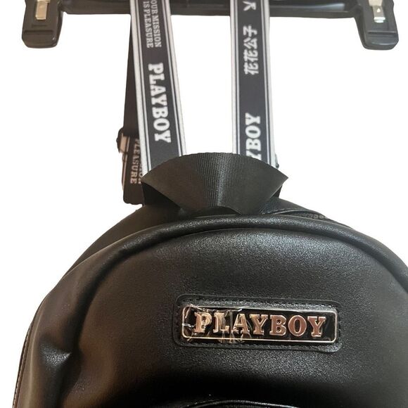 Y2K Playboy bunny logo mini backpack Black vegan leather zipper main image 6